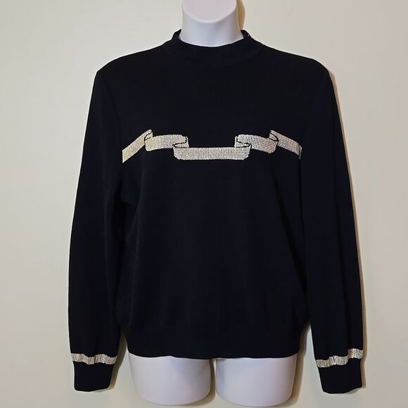 ST. JOHN by Marie Gray Santana Knit Sweater Size Large Ribbon Mock Neck Holiday - Picture 1 of 14